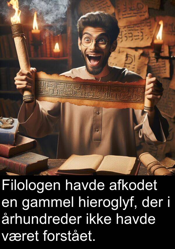 gammel: Filologen havde afkodet en gammel hieroglyf, der i århundreder ikke havde været forstået.