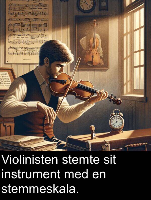 stemte: Violinisten stemte sit instrument med en stemmeskala.