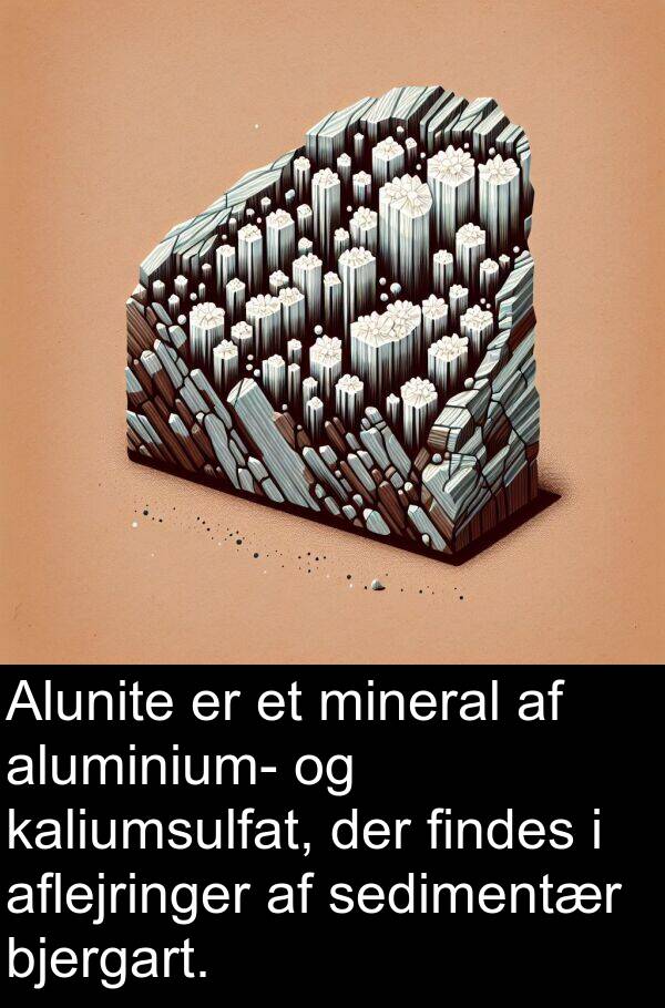 findes: Alunite er et mineral af aluminium- og kaliumsulfat, der findes i aflejringer af sedimentær bjergart.