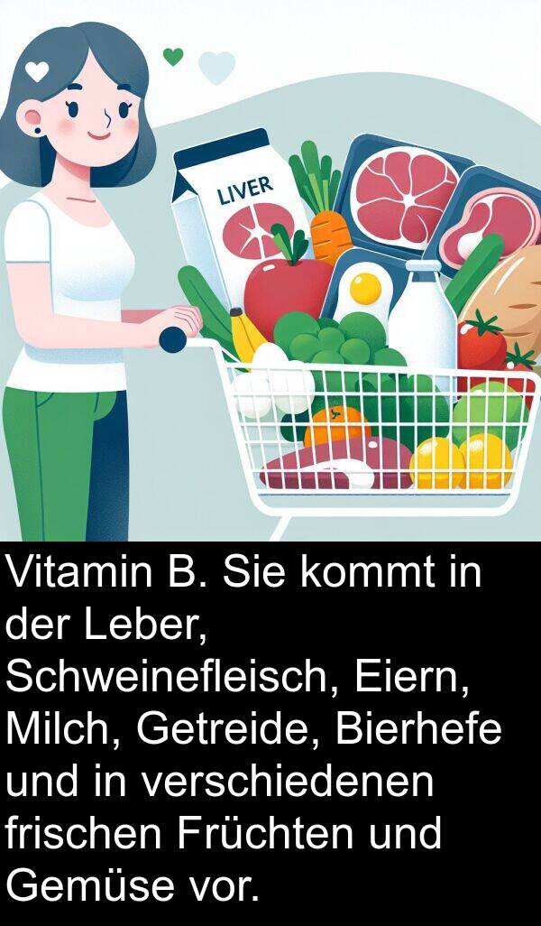 Eiern: Vitamin B. Sie kommt in der Leber, Schweinefleisch, Eiern, Milch, Getreide, Bierhefe und in verschiedenen frischen Früchten und Gemüse vor.