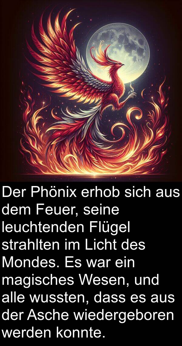 magisches: Der Phönix erhob sich aus dem Feuer, seine leuchtenden Flügel strahlten im Licht des Mondes. Es war ein magisches Wesen, und alle wussten, dass es aus der Asche wiedergeboren werden konnte.