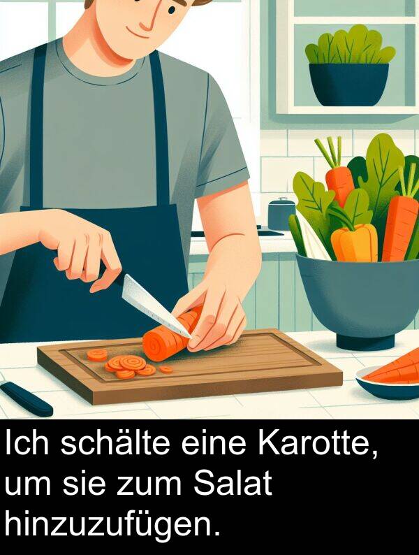 Karotte: Ich schälte eine Karotte, um sie zum Salat hinzuzufügen.