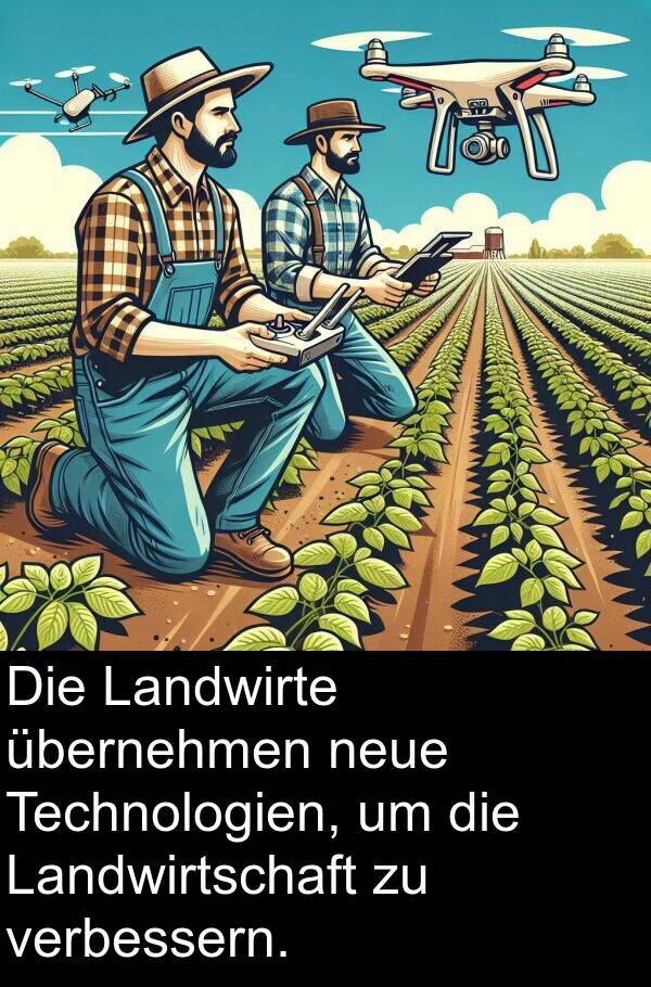 übernehmen: Die Landwirte übernehmen neue Technologien, um die Landwirtschaft zu verbessern.