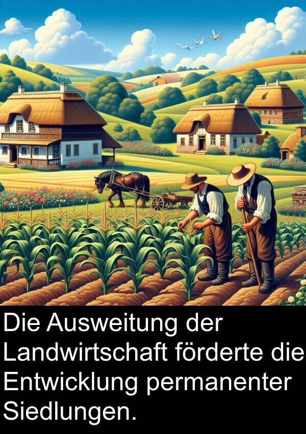 förderte: Die Ausweitung der Landwirtschaft förderte die Entwicklung permanenter Siedlungen.