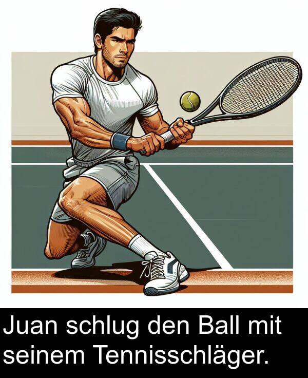 seinem: Juan schlug den Ball mit seinem Tennisschläger.