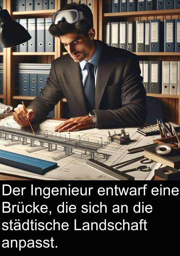 entwarf: Der Ingenieur entwarf eine Brücke, die sich an die städtische Landschaft anpasst.