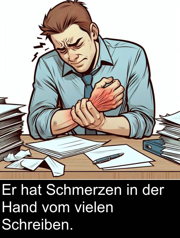 Hand: Er hat Schmerzen in der Hand vom vielen Schreiben.