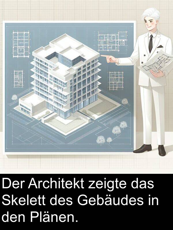 zeigte: Der Architekt zeigte das Skelett des Gebäudes in den Plänen.