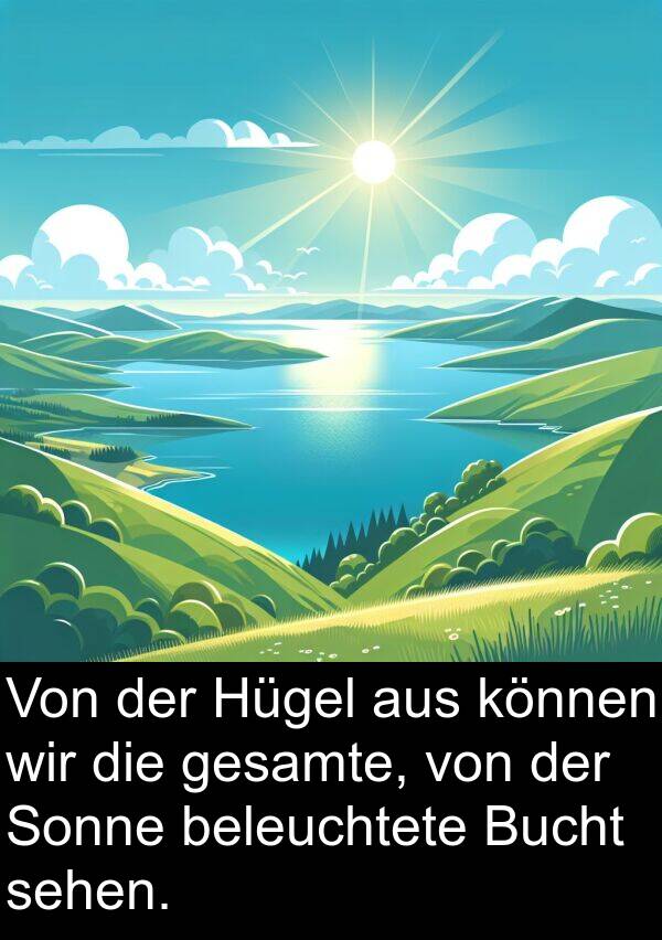 können: Von der Hügel aus können wir die gesamte, von der Sonne beleuchtete Bucht sehen.