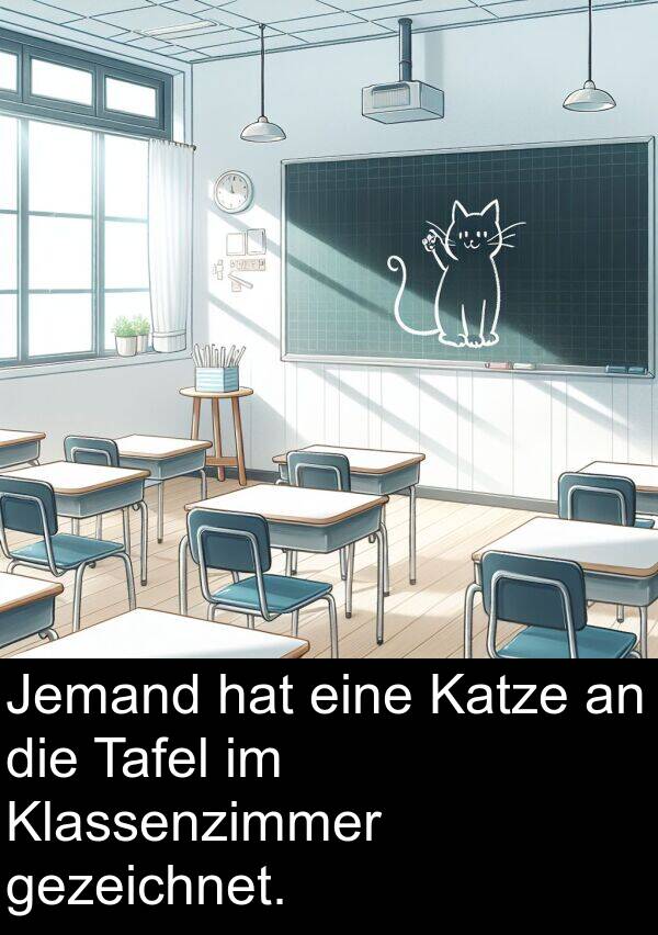 Katze: Jemand hat eine Katze an die Tafel im Klassenzimmer gezeichnet.