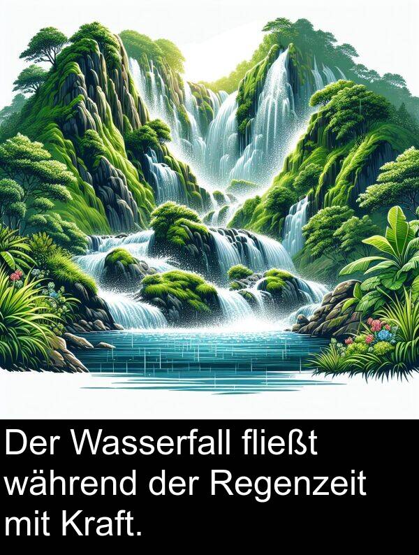 während: Der Wasserfall fließt während der Regenzeit mit Kraft.