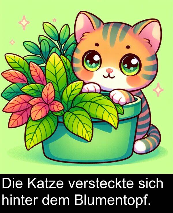 Katze: Die Katze versteckte sich hinter dem Blumentopf.