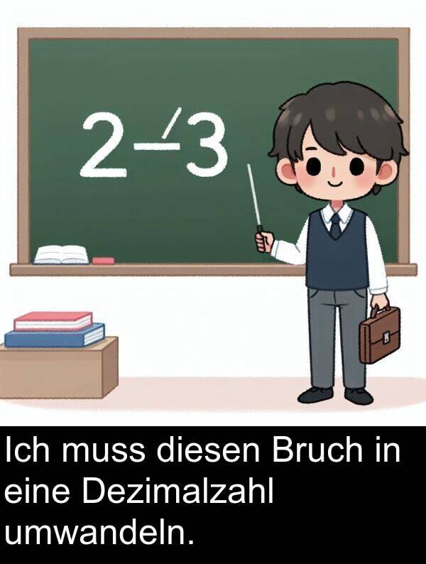 muss: Ich muss diesen Bruch in eine Dezimalzahl umwandeln.