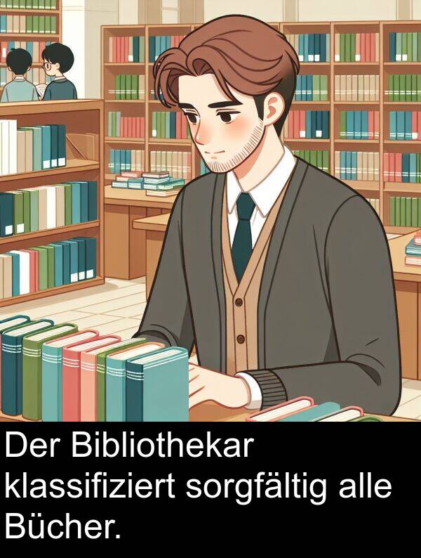 klassifiziert: Der Bibliothekar klassifiziert sorgfältig alle Bücher.