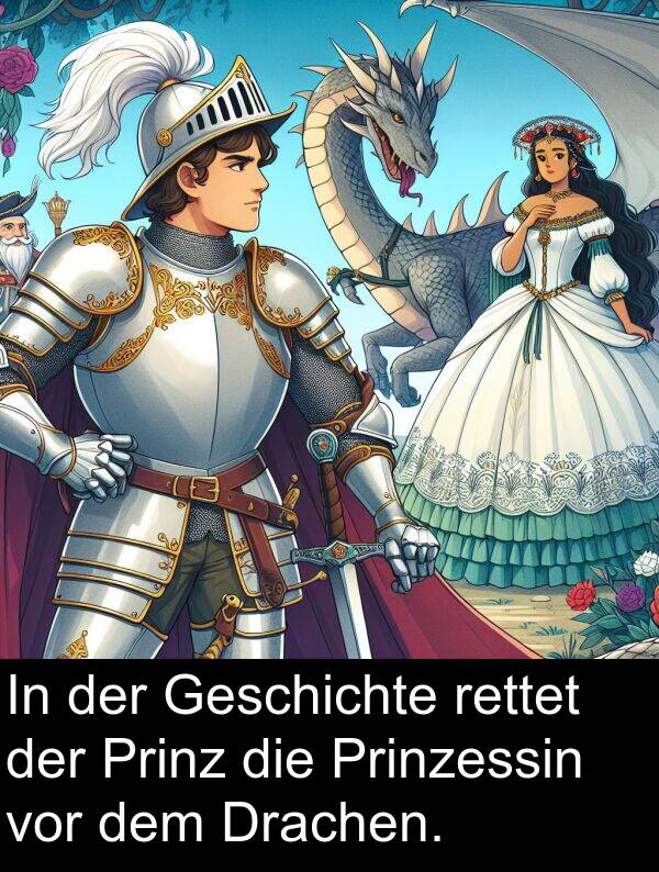 vor: In der Geschichte rettet der Prinz die Prinzessin vor dem Drachen.