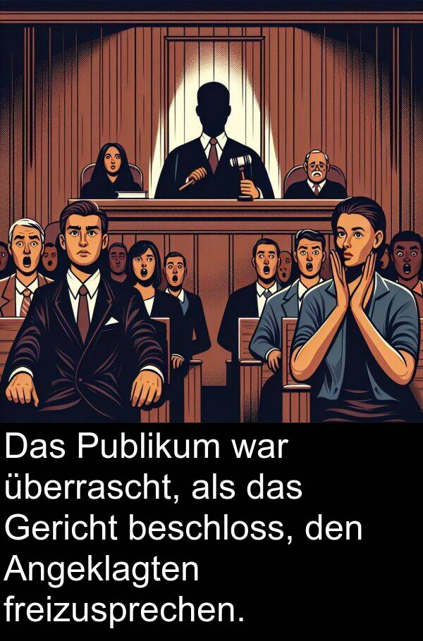 überrascht: Das Publikum war überrascht, als das Gericht beschloss, den Angeklagten freizusprechen.