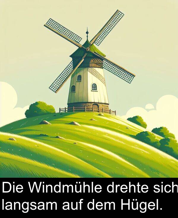 drehte: Die Windmühle drehte sich langsam auf dem Hügel.