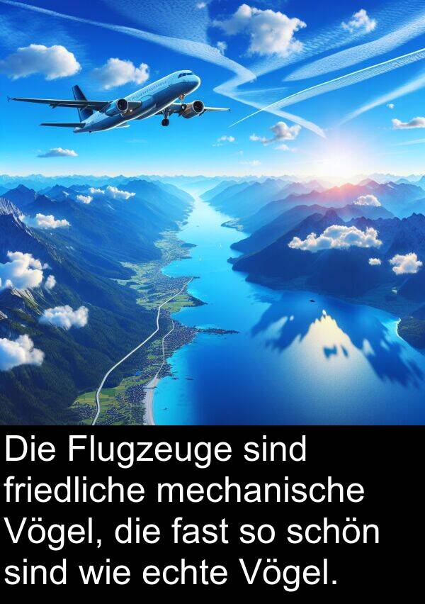 fast: Die Flugzeuge sind friedliche mechanische Vögel, die fast so schön sind wie echte Vögel.