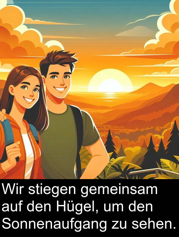 stiegen: Wir stiegen gemeinsam auf den Hügel, um den Sonnenaufgang zu sehen.