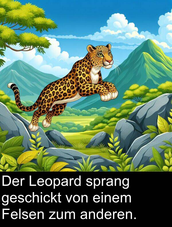 einem: Der Leopard sprang geschickt von einem Felsen zum anderen.