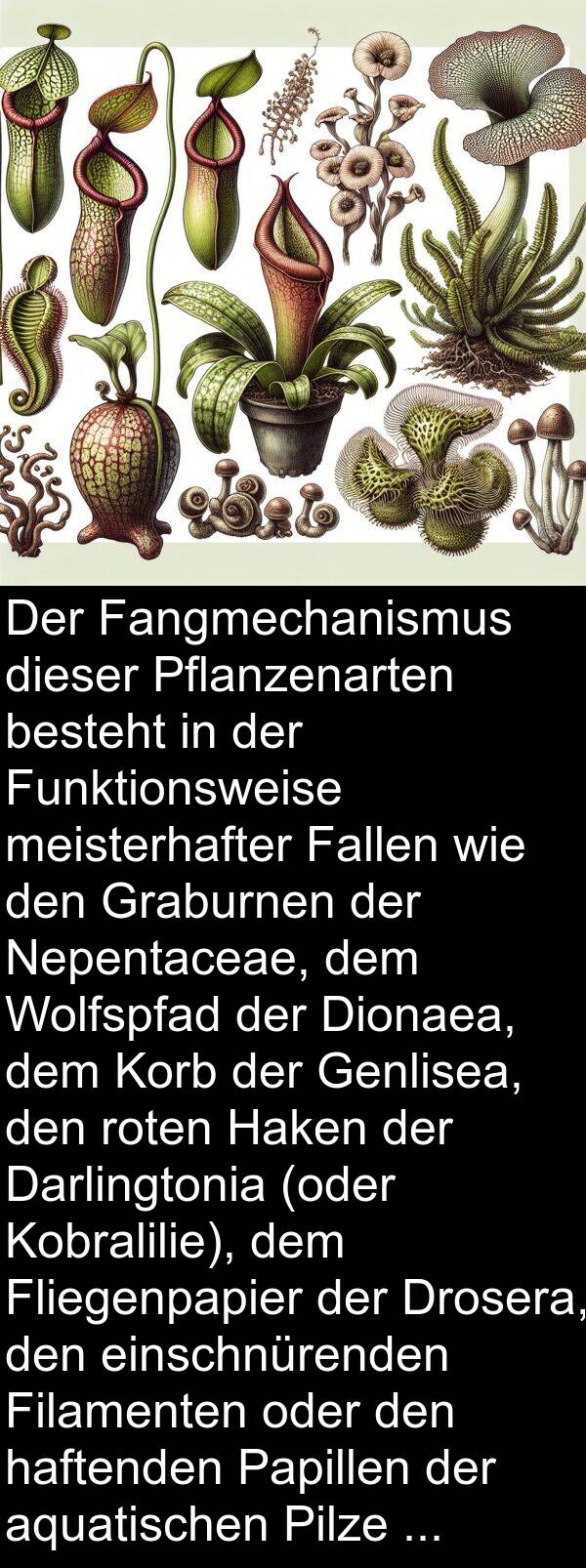 Haken: Der Fangmechanismus dieser Pflanzenarten besteht in der Funktionsweise meisterhafter Fallen wie den Graburnen der Nepentaceae, dem Wolfspfad der Dionaea, dem Korb der Genlisea, den roten Haken der Darlingtonia (oder Kobralilie), dem Fliegenpapier der Drosera, den einschnürenden Filamenten oder den haftenden Papillen der aquatischen Pilze vom Typ der Zoophagen.