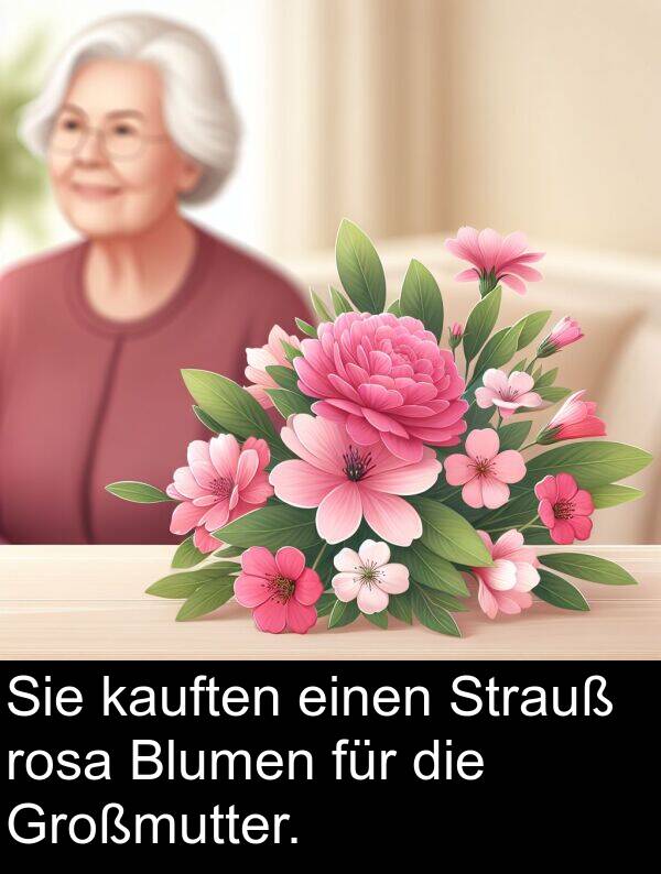 kauften: Sie kauften einen Strauß rosa Blumen für die Großmutter.