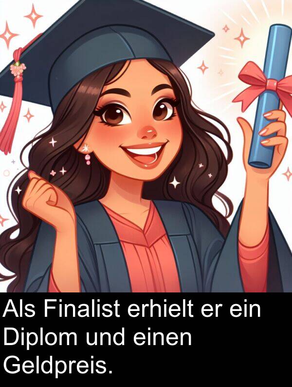 erhielt: Als Finalist erhielt er ein Diplom und einen Geldpreis.