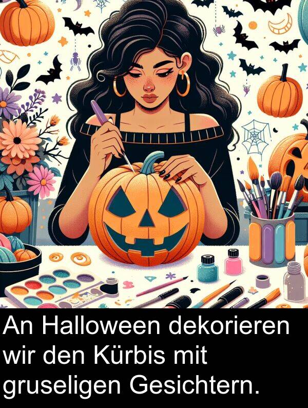 dekorieren: An Halloween dekorieren wir den Kürbis mit gruseligen Gesichtern.