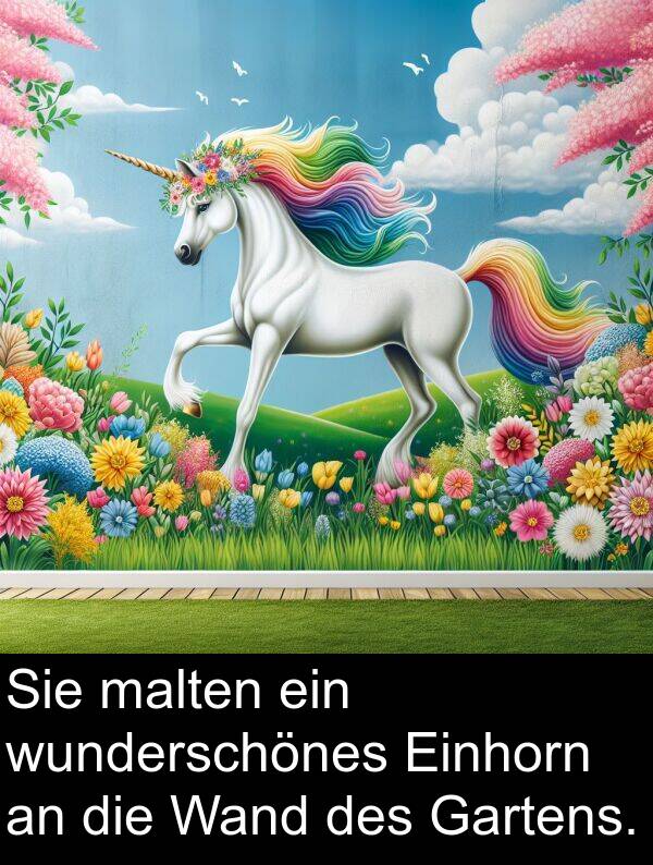 Gartens: Sie malten ein wunderschönes Einhorn an die Wand des Gartens.