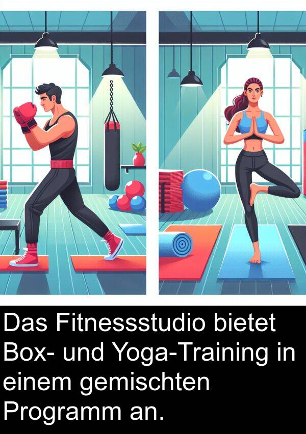 an: Das Fitnessstudio bietet Box- und Yoga-Training in einem gemischten Programm an.