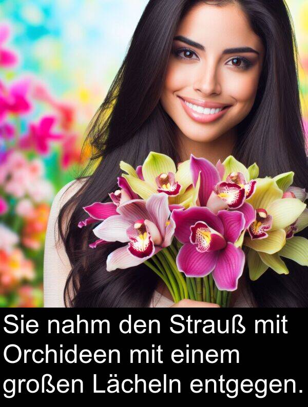 nahm: Sie nahm den Strauß mit Orchideen mit einem großen Lächeln entgegen.