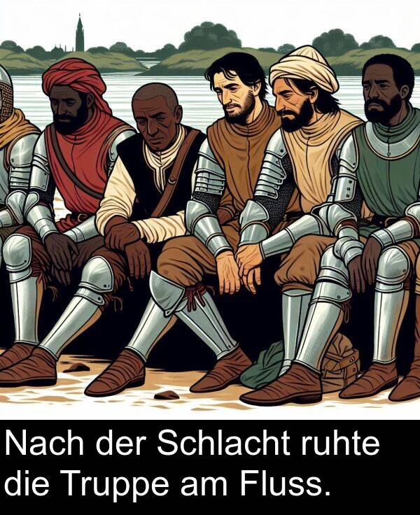 Nach: Nach der Schlacht ruhte die Truppe am Fluss.