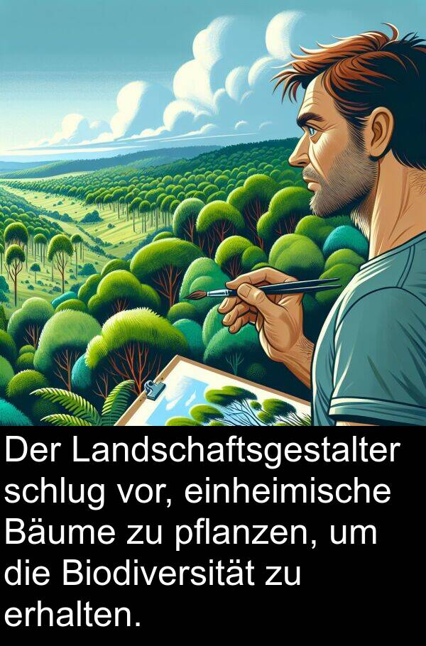 einheimische: Der Landschaftsgestalter schlug vor, einheimische Bäume zu pflanzen, um die Biodiversität zu erhalten.