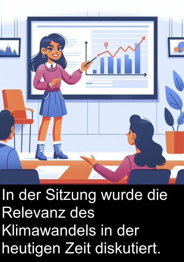 diskutiert: In der Sitzung wurde die Relevanz des Klimawandels in der heutigen Zeit diskutiert.