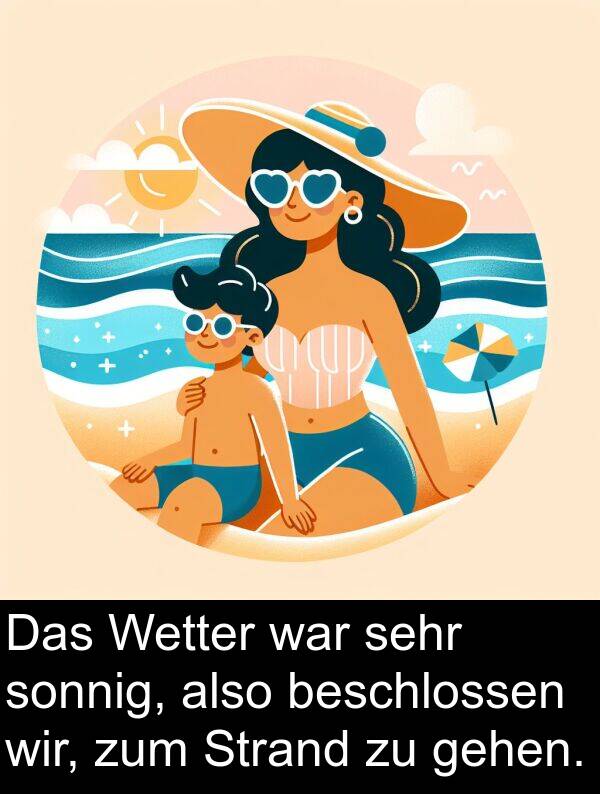 gehen: Das Wetter war sehr sonnig, also beschlossen wir, zum Strand zu gehen.