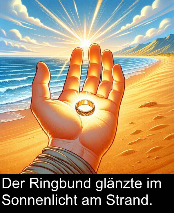 glänzte: Der Ringbund glänzte im Sonnenlicht am Strand.