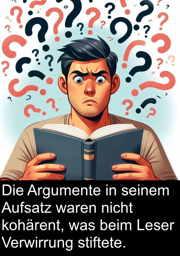 was: Die Argumente in seinem Aufsatz waren nicht kohärent, was beim Leser Verwirrung stiftete.