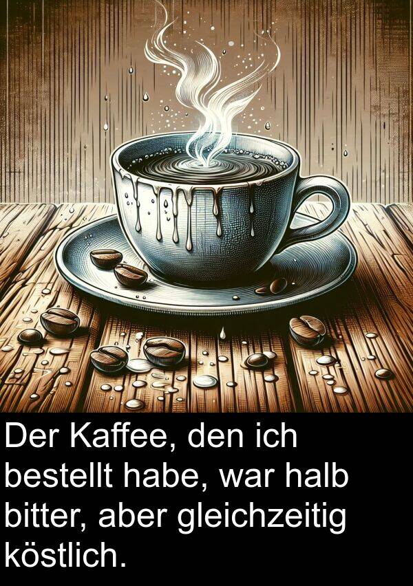 Kaffee: Der Kaffee, den ich bestellt habe, war halb bitter, aber gleichzeitig köstlich.