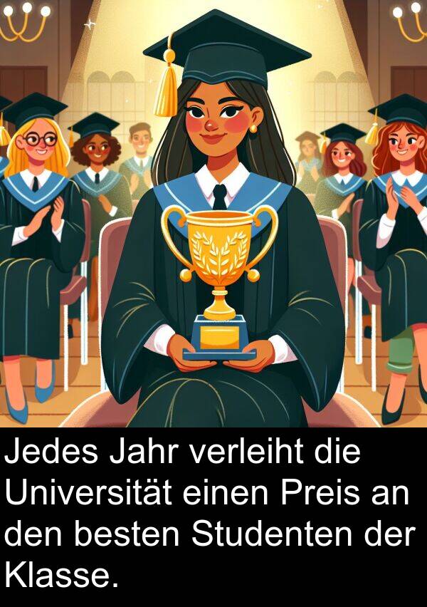 Jedes: Jedes Jahr verleiht die Universität einen Preis an den besten Studenten der Klasse.