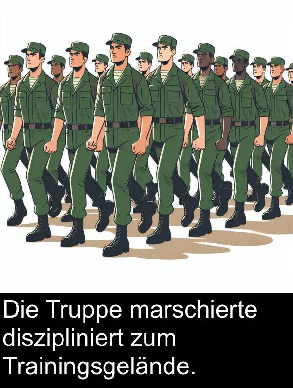 diszipliniert: Die Truppe marschierte diszipliniert zum Trainingsgelände.