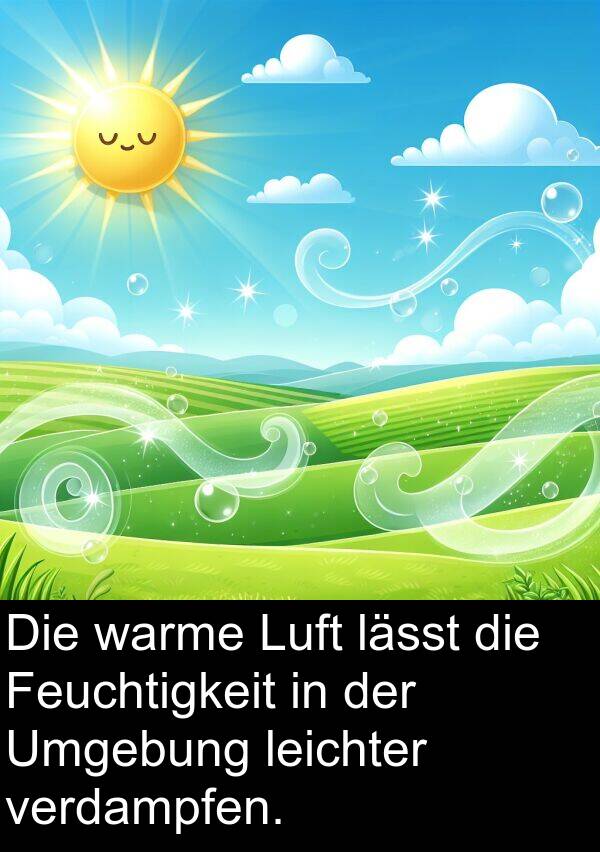 verdampfen: Die warme Luft lässt die Feuchtigkeit in der Umgebung leichter verdampfen.