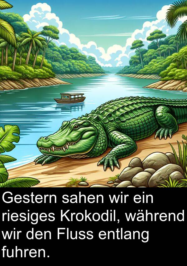 Fluss: Gestern sahen wir ein riesiges Krokodil, während wir den Fluss entlang fuhren.