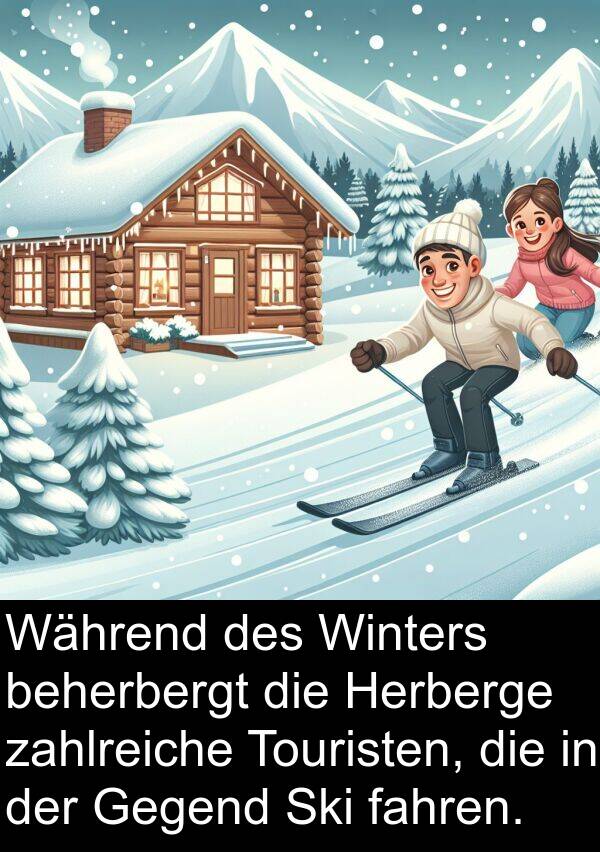 zahlreiche: Während des Winters beherbergt die Herberge zahlreiche Touristen, die in der Gegend Ski fahren.