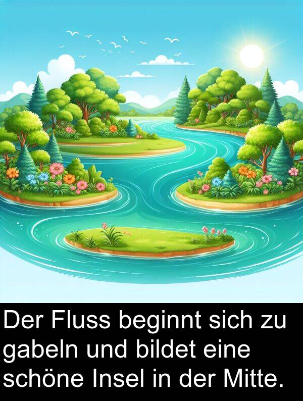 Fluss: Der Fluss beginnt sich zu gabeln und bildet eine schöne Insel in der Mitte.