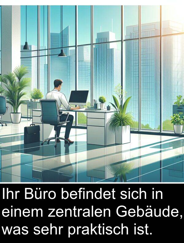 was: Ihr Büro befindet sich in einem zentralen Gebäude, was sehr praktisch ist.