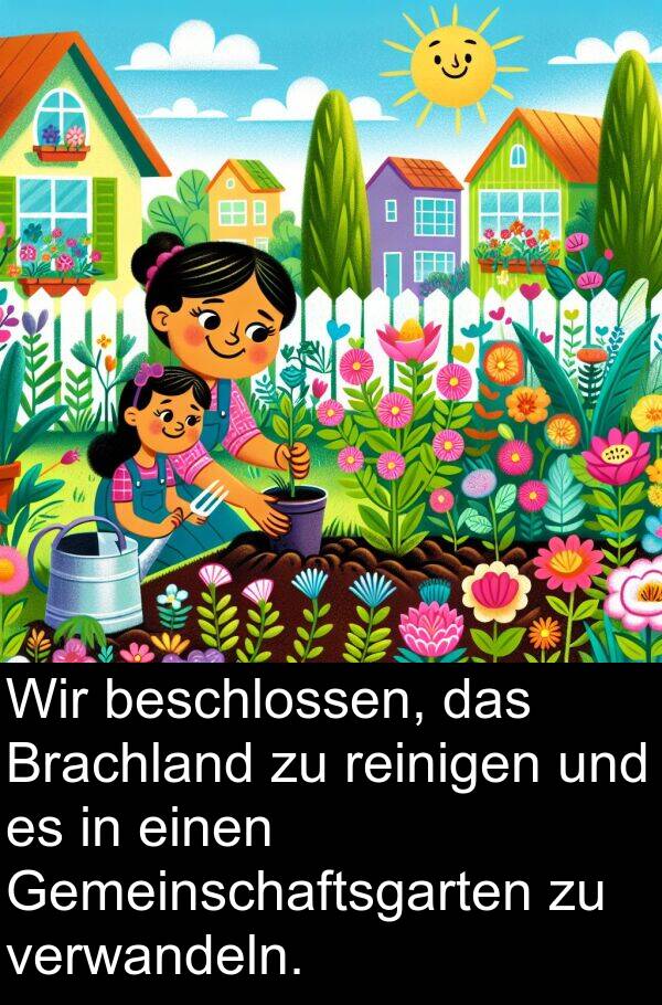 verwandeln: Wir beschlossen, das Brachland zu reinigen und es in einen Gemeinschaftsgarten zu verwandeln.