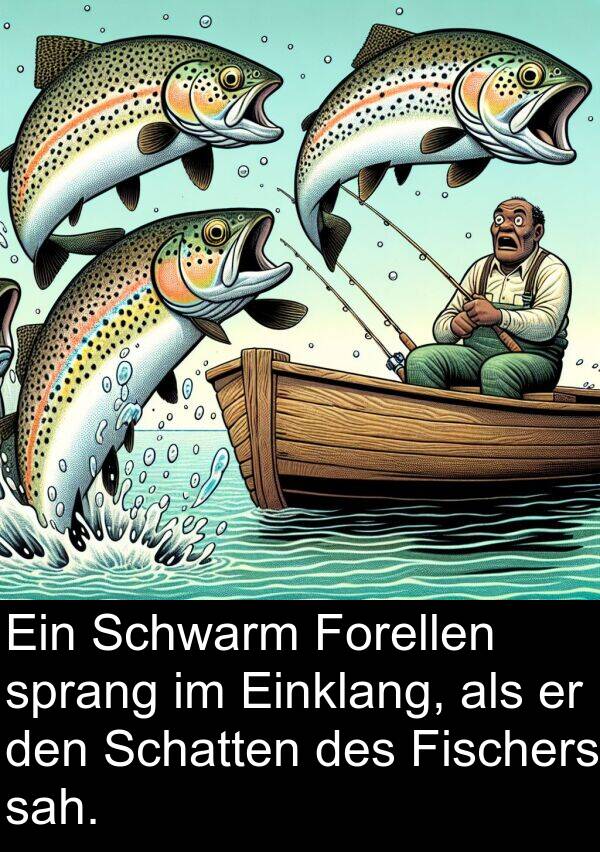 Fischers: Ein Schwarm Forellen sprang im Einklang, als er den Schatten des Fischers sah.