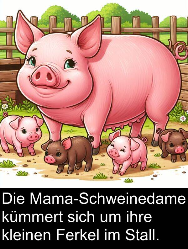 ihre: Die Mama-Schweinedame kümmert sich um ihre kleinen Ferkel im Stall.