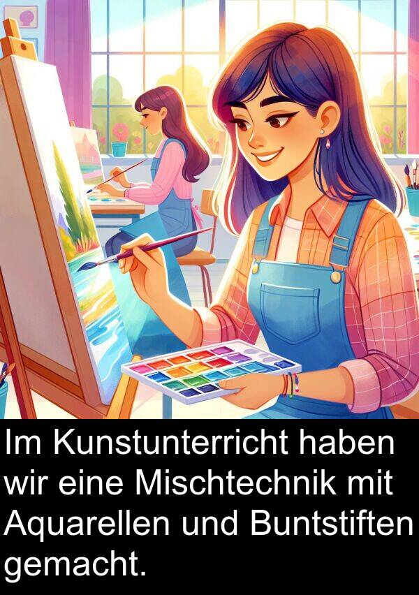 Aquarellen: Im Kunstunterricht haben wir eine Mischtechnik mit Aquarellen und Buntstiften gemacht.