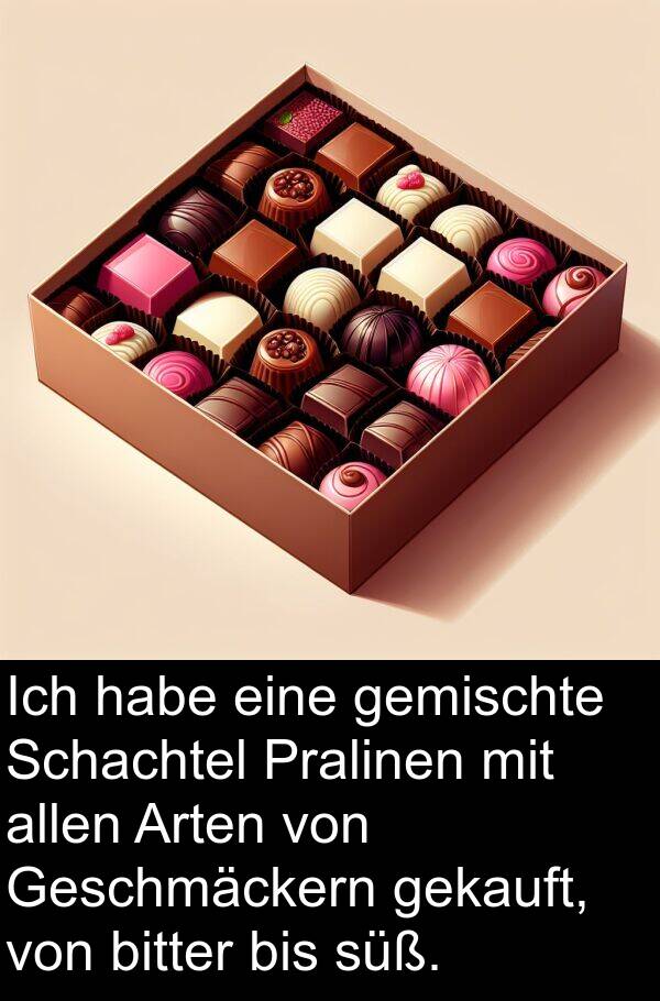 gemischte: Ich habe eine gemischte Schachtel Pralinen mit allen Arten von Geschmäckern gekauft, von bitter bis süß.